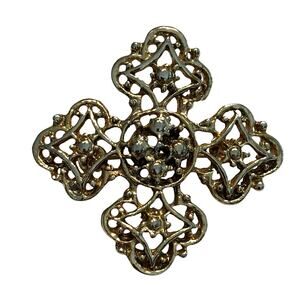 Vintage Brooch Gold Tone filigree medallion cross style pin 1970s jewelry